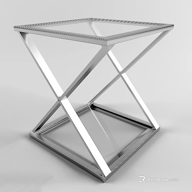 Modern Side Table with Glass Top and Chrome Metal Cross Leg Design 3d model 