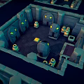 Green Dragon Guarding Ancient Stone Chamber With Skull And Glowing Eyed Creatures