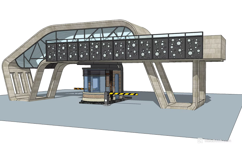 Modern Arched Entrance Gate Featuring Glass Metal Railings Round Holes Guard Booth Concrete Pillars 3d model 