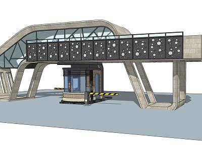Modern Arched Entrance Gate Featuring Glass Metal Railings Round Holes Guard Booth Concrete Pillars 3d model