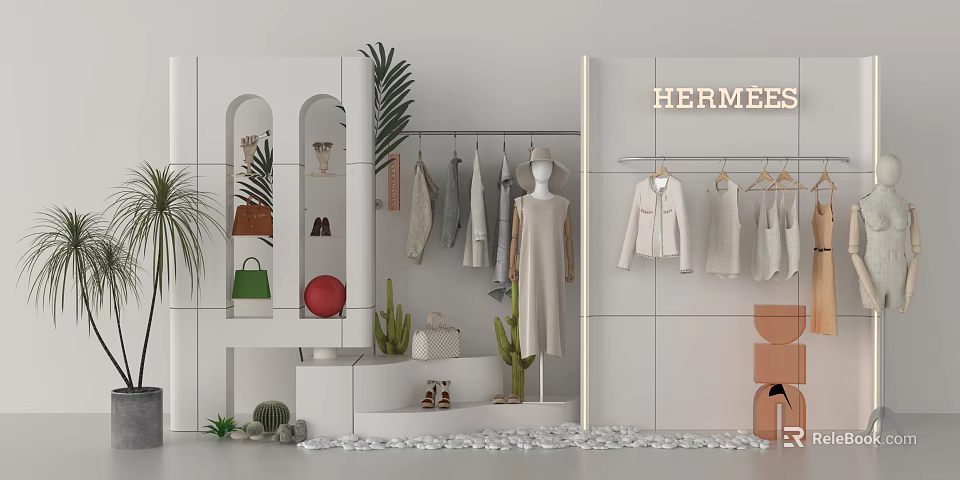 Hermès Fashion Store Clothes Display With Hanging Outfits Mannequin White Shelves And Plants 3d model 