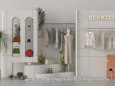 Hermès Fashion Store Clothes Display With Hanging Outfits Mannequin White Shelves And Plants 3d model
