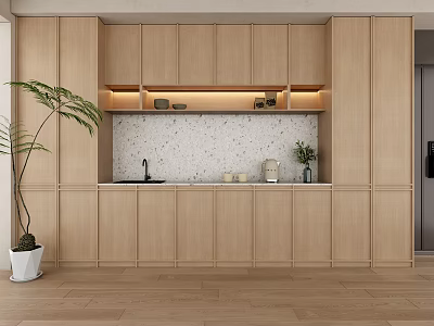 Modern Wooden Sideboard With LED Lighting White Tiled Backsplash And Green Plant Decor 3d model