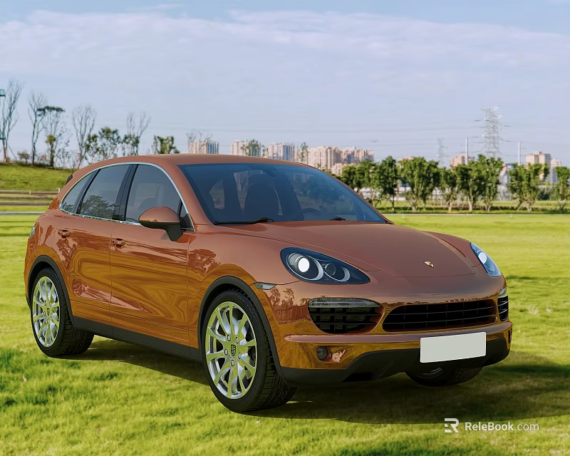 Orange Porsche SUV Parked On Green Grass Field With Modern Exterior Design And City Background 3d model 
