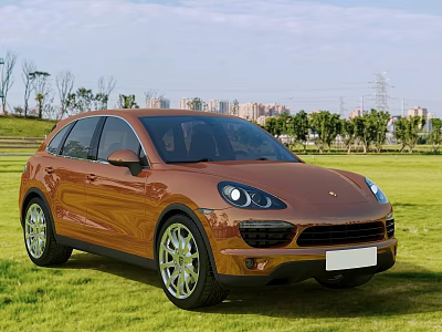 Orange Porsche SUV Parked On Green Grass Field With Modern Exterior Design And City Background 3d model
