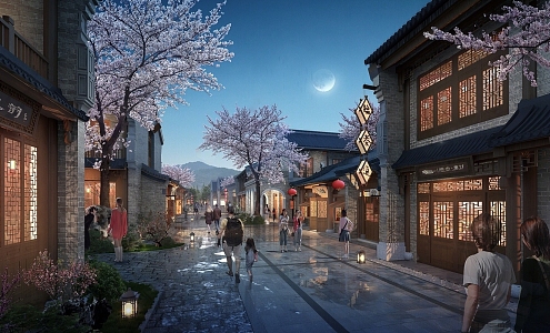 Chinese Ancient Style Commercial Street Inner Street Pedestrian Street New Chinese Style Ancient Street Ancient Town Night View 3d model