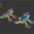 Vibrant Blue And Yellow Commercial Equipment With Multiple Wheels And Colorful Designs