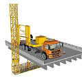 Yellow Heavy Duty Construction Vehicle Transporting Concrete Bridge Slab With Crane Structure At Construction Site
