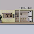 Retro Fresh Shop and Cafe Container Building with Glass Doors Outdoor Seating and Cactus