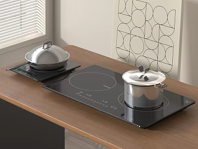 Induction Cooktops On Wooden Counter With Covered Pots Window And Decorative Wall Art 3d model