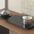 Induction Cooktops On Wooden Counter With Covered Pots Window And Decorative Wall Art