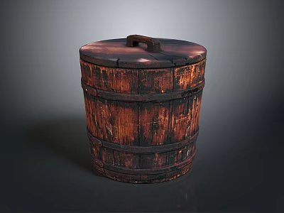 Classic Vintage Wooden Barrel With Rustic Texture Lid And Metal Hoops 3d model