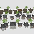 Traditional Style Small Houses with Various Roof Designs Surrounded by Green Trees