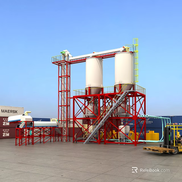 Industrial Equipment With Two White Silos Red Framework Staircase Conveyor And Blue Sky Background 3d model 