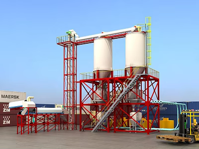 Industrial Equipment With Two White Silos Red Framework Staircase Conveyor And Blue Sky Background 3d model