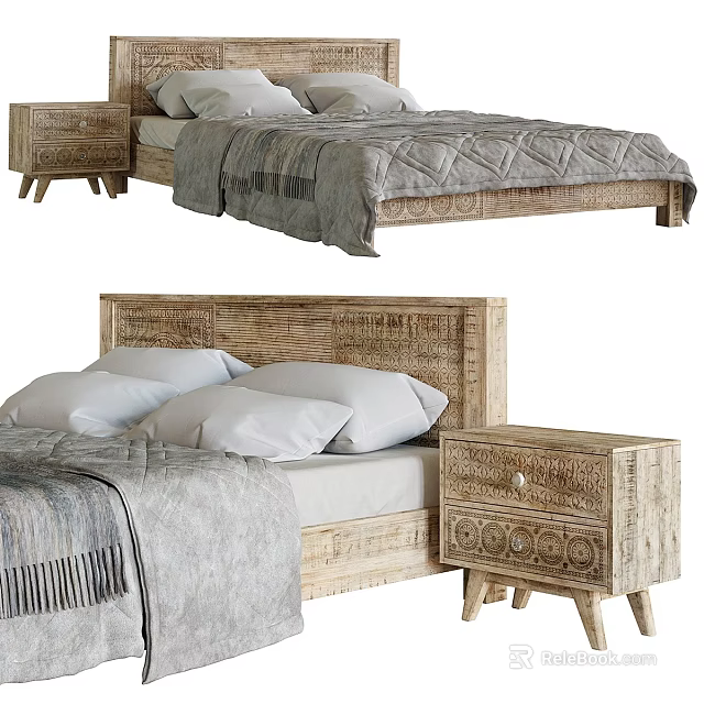 Double Bed with Wooden Frame Woven Headboard and Nightstand Gray Blanket White Pillows 3d model 