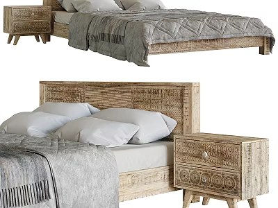 Double Bed with Wooden Frame Woven Headboard and Nightstand Gray Blanket White Pillows 3d model