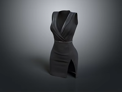 Elegant Black Sleeveless Dress with V Neck Waist Belt and Side Slit 3d model