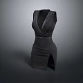 Elegant Black Sleeveless Dress with V Neck Waist Belt and Side Slit