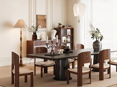 Modern Luxury Restaurant Interior With Dining Table Chairs Pendant Light Bookshelf Vase And Table Lamp 3d model