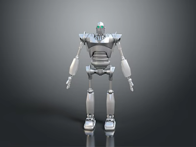 Metallic Silver Robot With Glowing Green Eyes Standing In Upright Pose On Dark Backdrop 3d model
