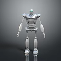 Metallic Silver Robot With Glowing Green Eyes Standing In Upright Pose On Dark Backdrop