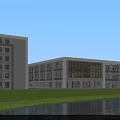 Modern School Building With Golden Facade Glass Elements Steps Greenery And People Around