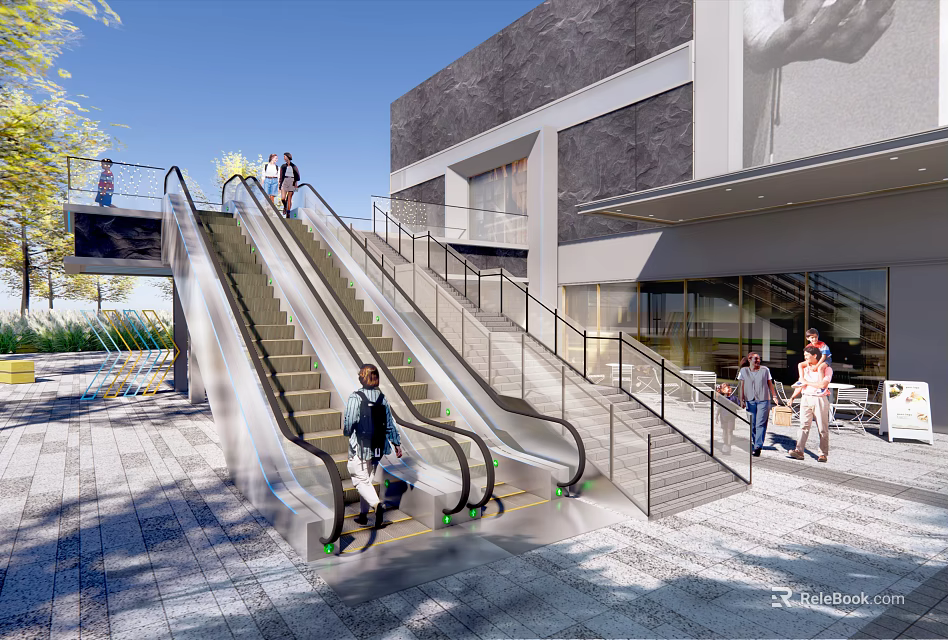 Outdoor Escalator Connecting Levels With Modern Building Handrails Steps And Pedestrians 3d model 