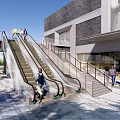 Outdoor Escalator Connecting Levels With Modern Building Handrails Steps And Pedestrians
