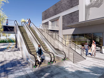 Outdoor Escalator Connecting Levels With Modern Building Handrails Steps And Pedestrians 3d model