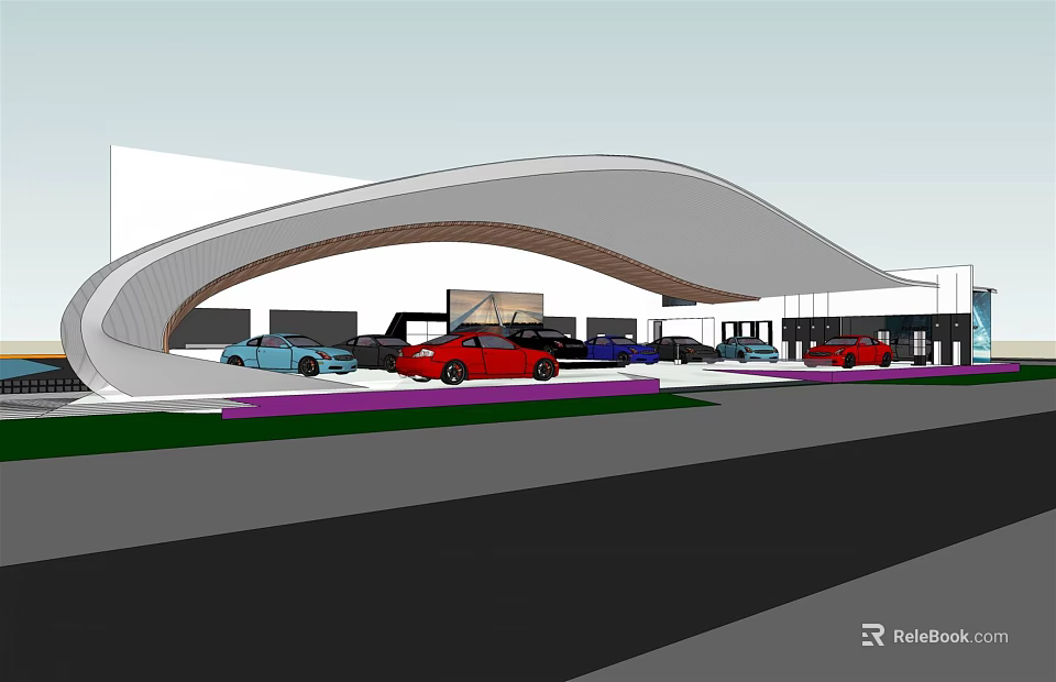 4S Car Dealership With Modern Curved Roof And Colorful Vehicles 3d model 