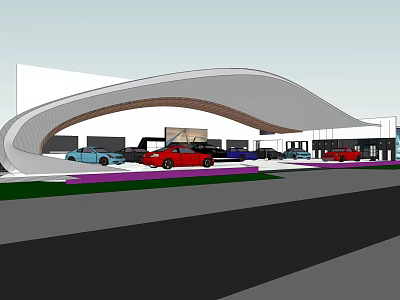 4S Car Dealership With Modern Curved Roof And Colorful Vehicles 3d model