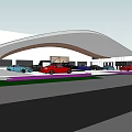 4S Car Dealership With Modern Curved Roof And Colorful Vehicles
