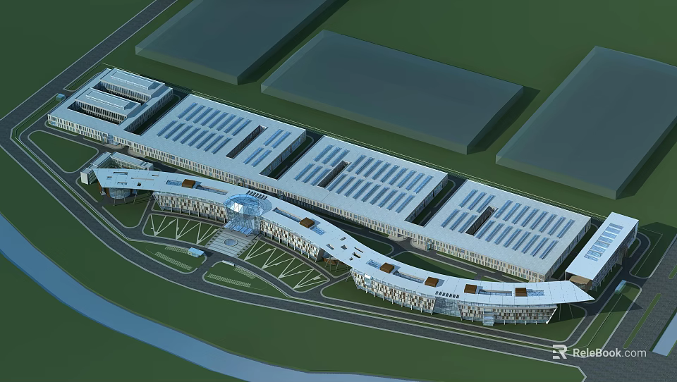 Modern Industrial Factory Design With Connected Buildings And Solar Panel Roofs 3d model 