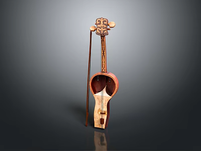 Traditional Wooden String Instrument with Curved Body Strings and Bow Design 3d model