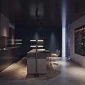 Contemporary Kitchen Interior With Dark Cabinets Green Backsplash Island Wine Storage And Hanging Lights