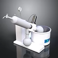 White Household Appliance With Round Top Curved Pipe Base Container And Blue Label
