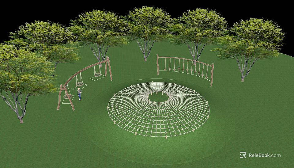 Outdoor Children's Playground With Circular Climbing Net Swing Set Climbing Frame Trees And Green Grass 3d model 