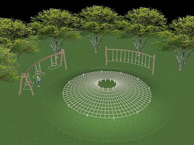 Outdoor Children's Playground With Circular Climbing Net Swing Set Climbing Frame Trees And Green Grass 3d model