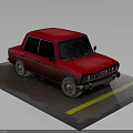 Red Classic Sedan Parked On Asphalt With Yellow Line And Gray Background