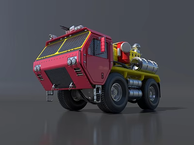 Red And Yellow Heavy Duty Truck With Water Tank And Equipment Details 3d model
