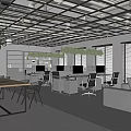 Modern Public Office Space Interior With Work Desks Computers Sofa Green Plants And Large Windows 3d model