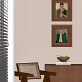 Two Oil Paintings Hanging On Wall In Interior With Chair Cabinet And Fruit Bowl