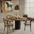 Round Dining Table Set With Rattan Chairs Dark Cylindrical Base Pendant Lamp And Open Book