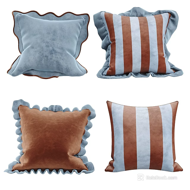 Velvet Decorative Pillows With Ruffled Edges Blue Brown And Striped Designs For Home Decor 3d model 
