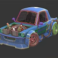 Blue Cartoon Style Modified Car With Exposed Engine Large Wheels And Custom Bumper 3d model