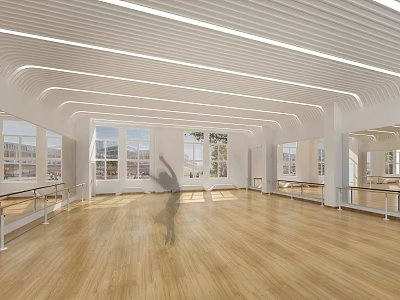 Spacious Fitness Dance Studio With Wooden Floor Mirror Walls And Windows For Active Workout 3d model
