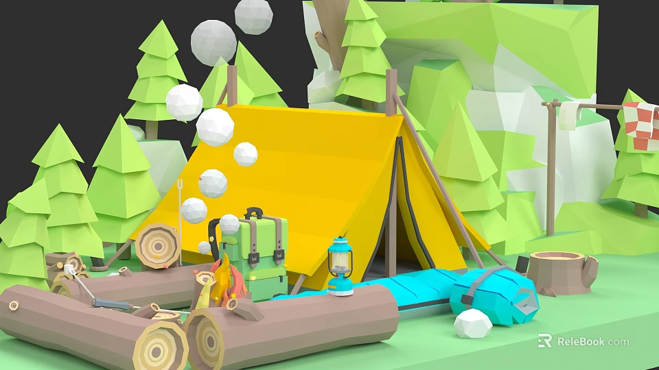 Scenic Campsite With Yellow Tent Green Trees Backpack Lantern And Logs 3d model 