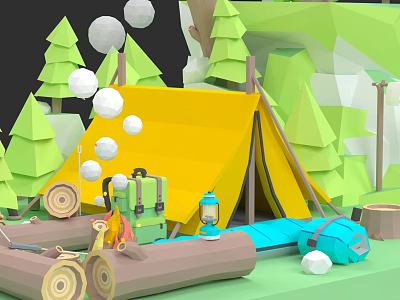 Scenic Campsite With Yellow Tent Green Trees Backpack Lantern And Logs 3d model