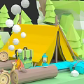 Scenic Campsite With Yellow Tent Green Trees Backpack Lantern And Logs